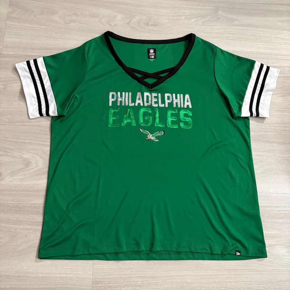 NFL Philadelphia Eagles Shirt Women Team Apparel New Era Green Sequin V-Neck 1X
